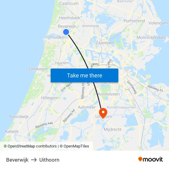 Beverwijk to Uithoorn map