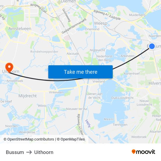 Bussum to Uithoorn map