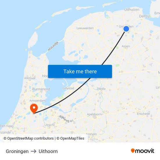 Groningen to Uithoorn map