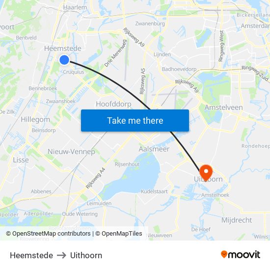 Heemstede to Uithoorn map