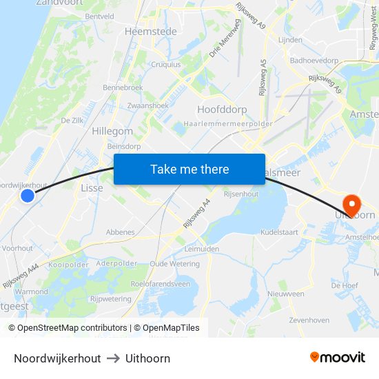 Noordwijkerhout to Uithoorn map