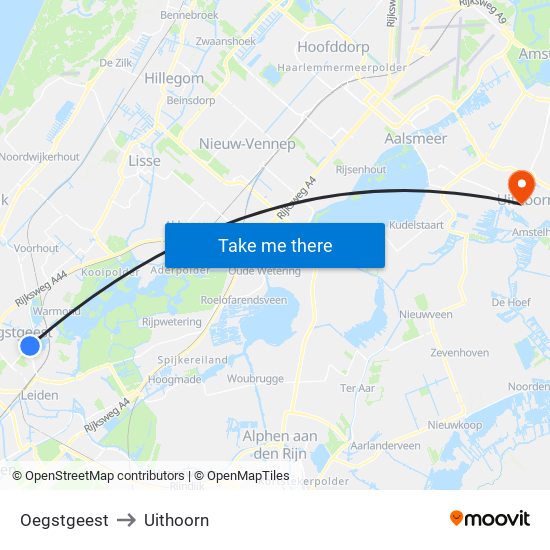 Oegstgeest to Uithoorn map