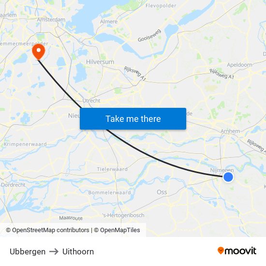 Ubbergen to Uithoorn map