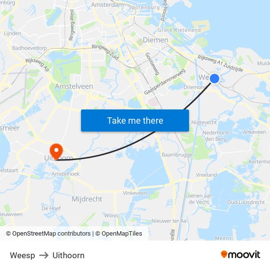 Weesp to Uithoorn map