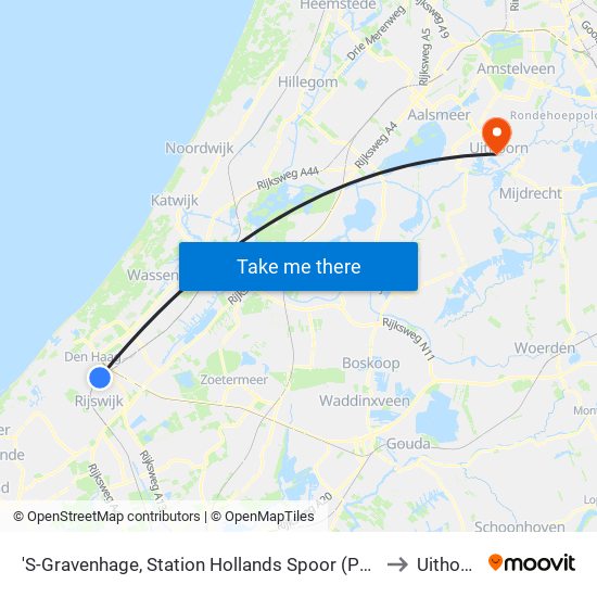 'S-Gravenhage, Station Hollands Spoor (Perron A) to Uithoorn map