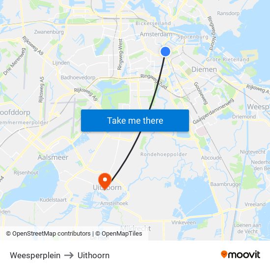 Weesperplein to Uithoorn map