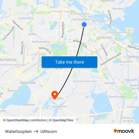 Waterlooplein to Uithoorn map