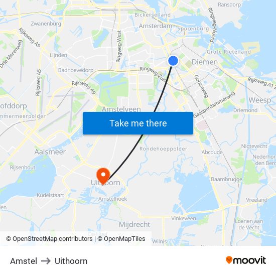 Amstel to Uithoorn map