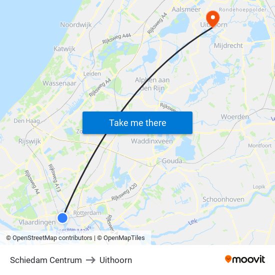 Schiedam Centrum to Uithoorn map