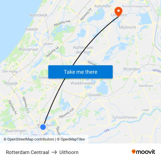 Rotterdam Centraal to Uithoorn map