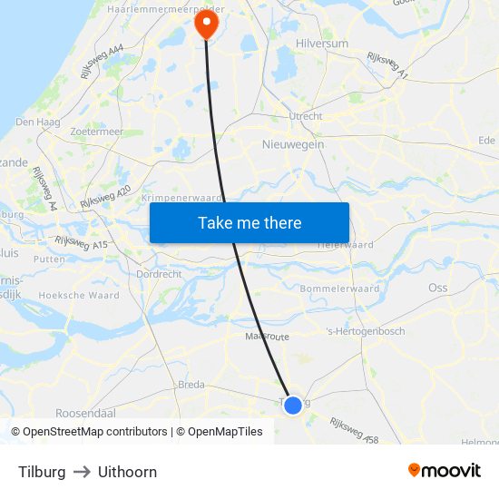 Tilburg to Uithoorn map