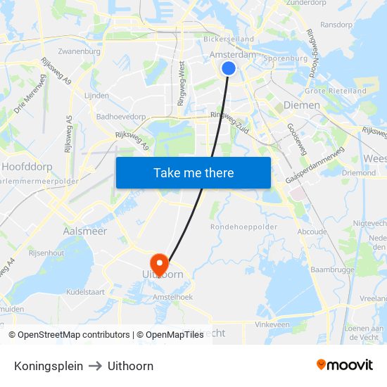 Koningsplein to Uithoorn map