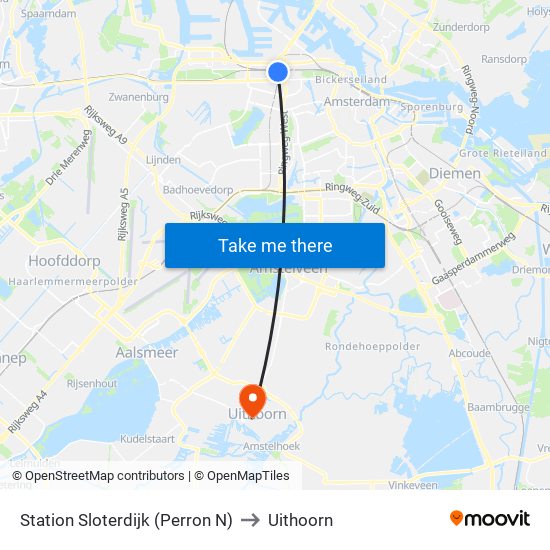Station Sloterdijk (Perron N) to Uithoorn map