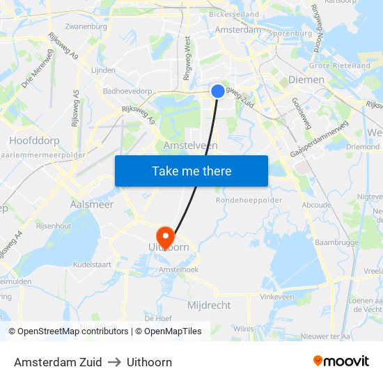 Amsterdam Zuid to Uithoorn map