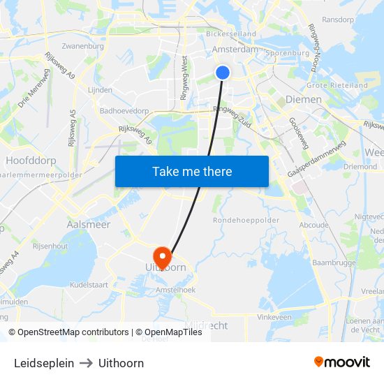 Leidseplein to Uithoorn map