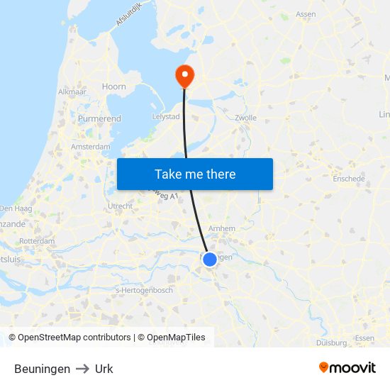 Beuningen to Urk map