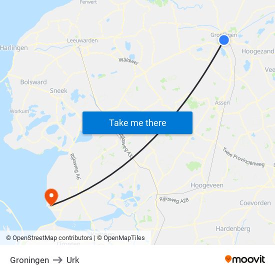 Groningen to Urk map