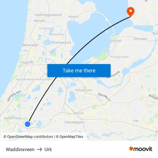 Waddinxveen to Urk map