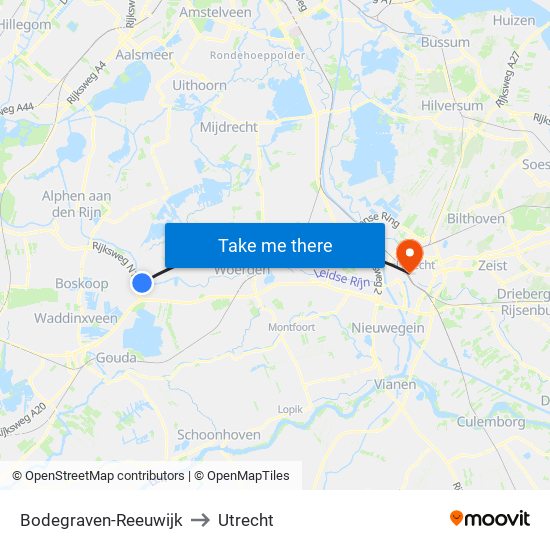 Bodegraven-Reeuwijk to Utrecht map