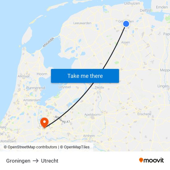 Groningen to Utrecht map