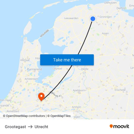 Grootegast to Utrecht map