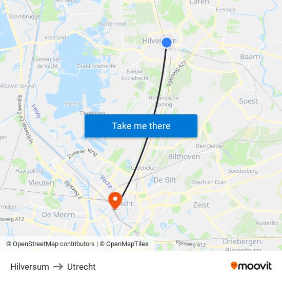 Hilversum to Utrecht map