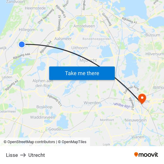 Lisse to Utrecht map