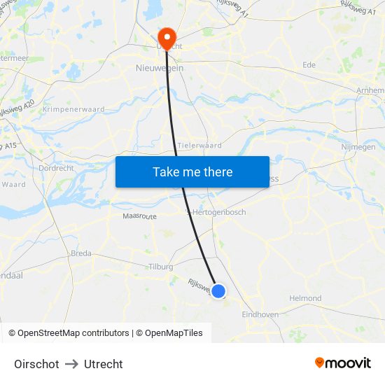 Oirschot to Utrecht map