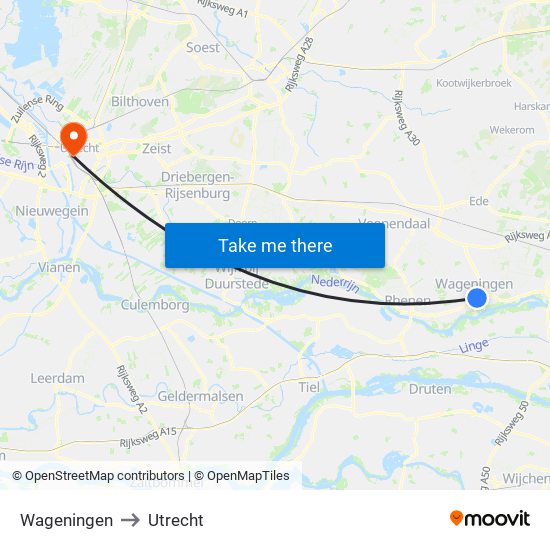 Wageningen to Utrecht map