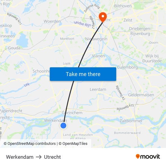 Werkendam to Utrecht map