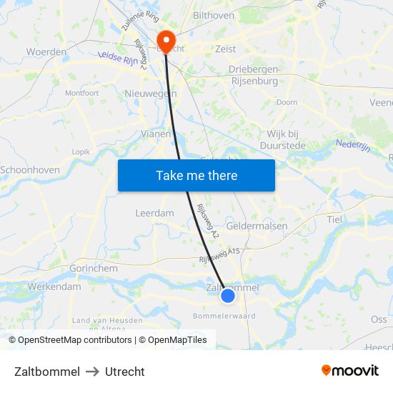 Zaltbommel to Utrecht map