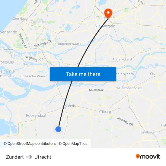 Zundert to Utrecht map