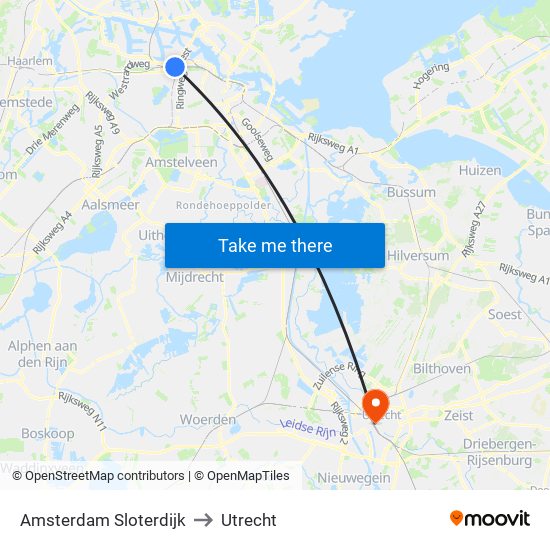 Amsterdam Sloterdijk to Utrecht map