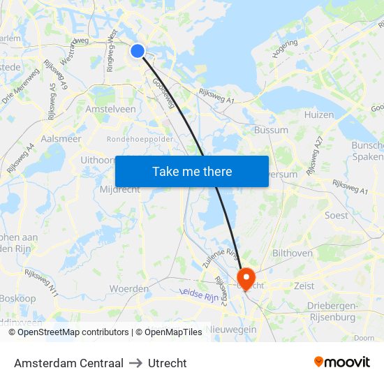 Amsterdam Centraal to Utrecht map