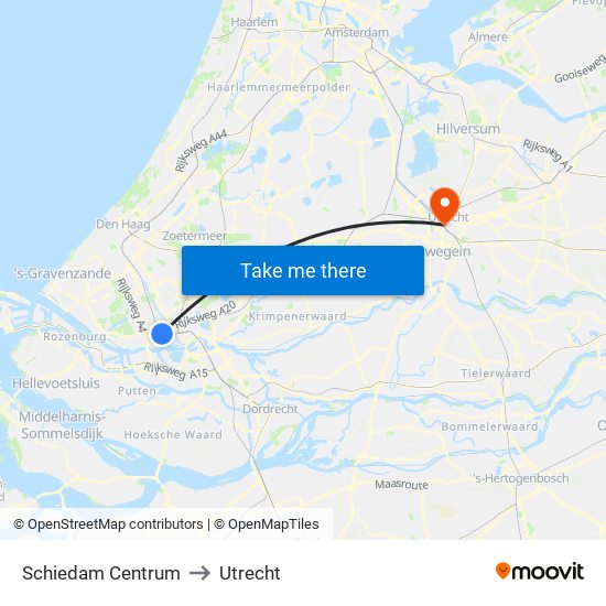 Schiedam Centrum to Utrecht map