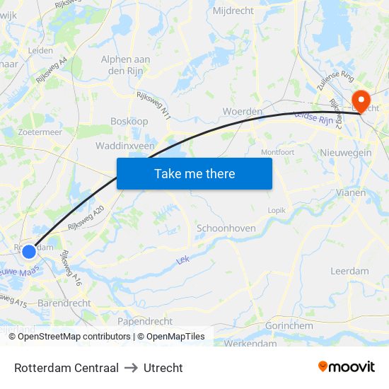 Rotterdam Centraal to Utrecht map