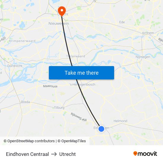 Eindhoven Centraal to Utrecht map