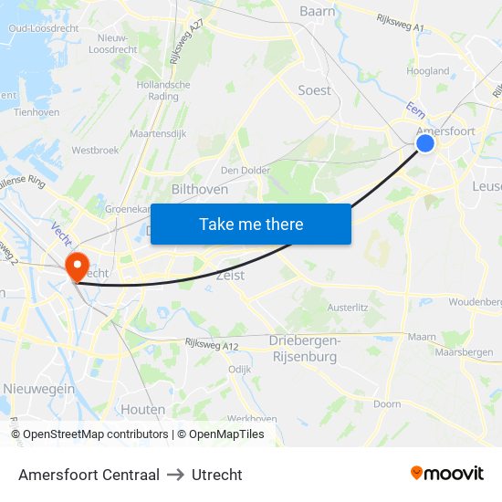 Amersfoort Centraal to Utrecht map