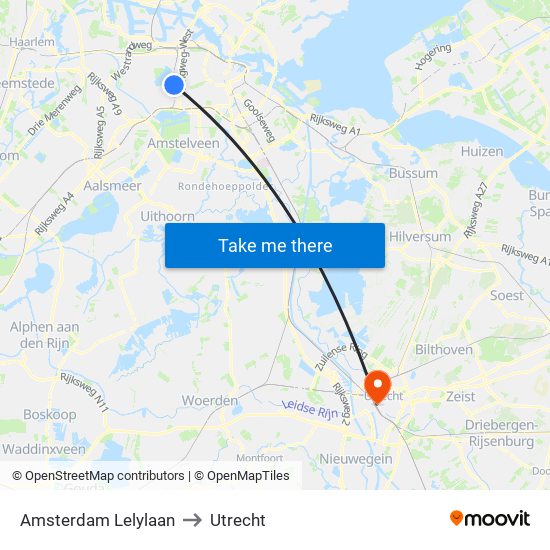 Amsterdam Lelylaan to Utrecht map