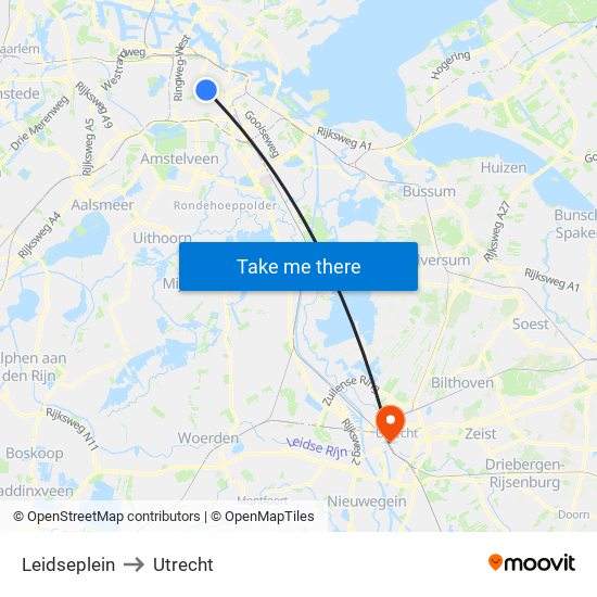 Leidseplein to Utrecht map