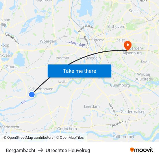 Bergambacht to Utrechtse Heuvelrug map