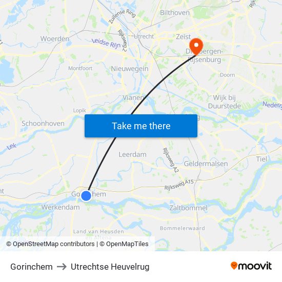 Gorinchem to Utrechtse Heuvelrug map