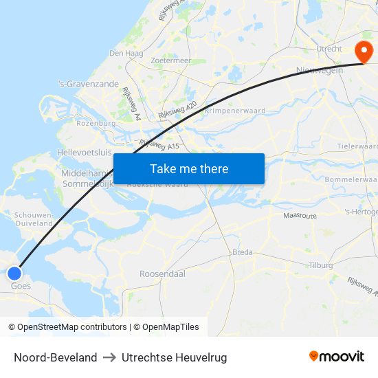 Noord-Beveland to Utrechtse Heuvelrug map