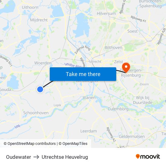 Oudewater to Utrechtse Heuvelrug map