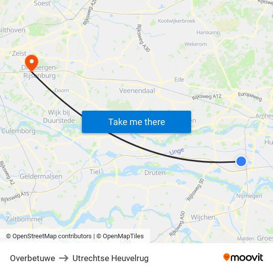 Overbetuwe to Utrechtse Heuvelrug map