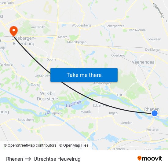 Rhenen to Utrechtse Heuvelrug map