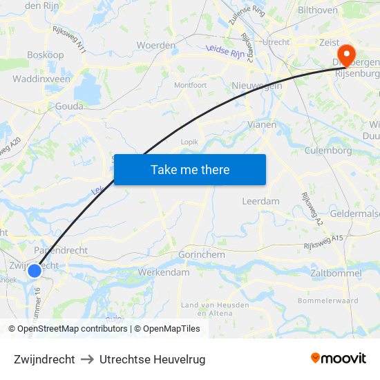 Zwijndrecht to Utrechtse Heuvelrug map