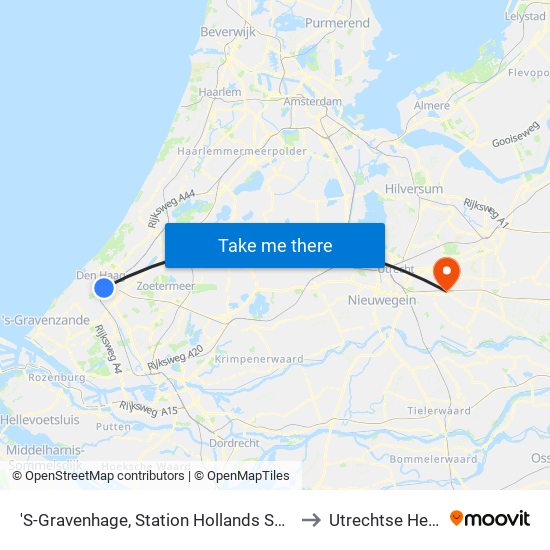 'S-Gravenhage, Station Hollands Spoor (Perron A) to Utrechtse Heuvelrug map