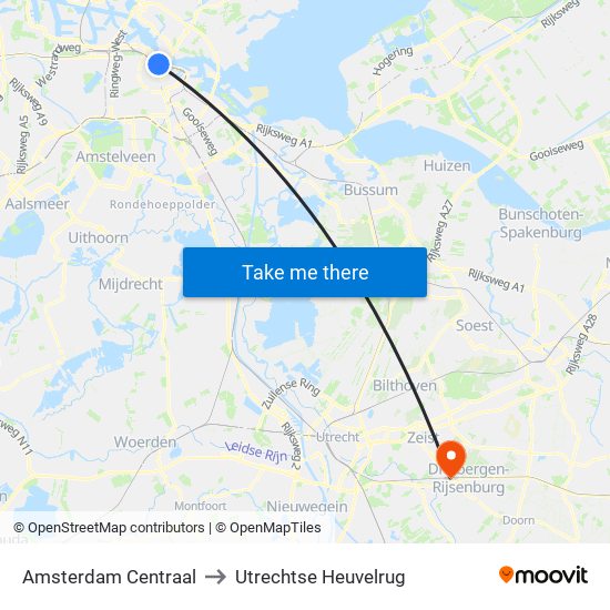 Amsterdam Centraal to Utrechtse Heuvelrug map