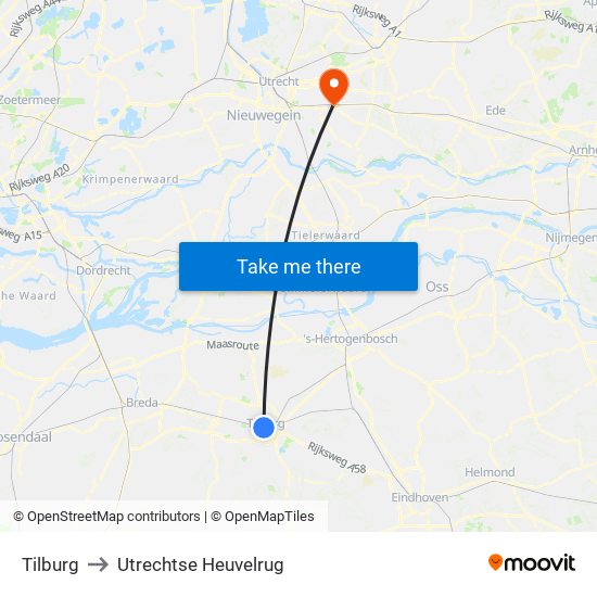 Tilburg to Utrechtse Heuvelrug map